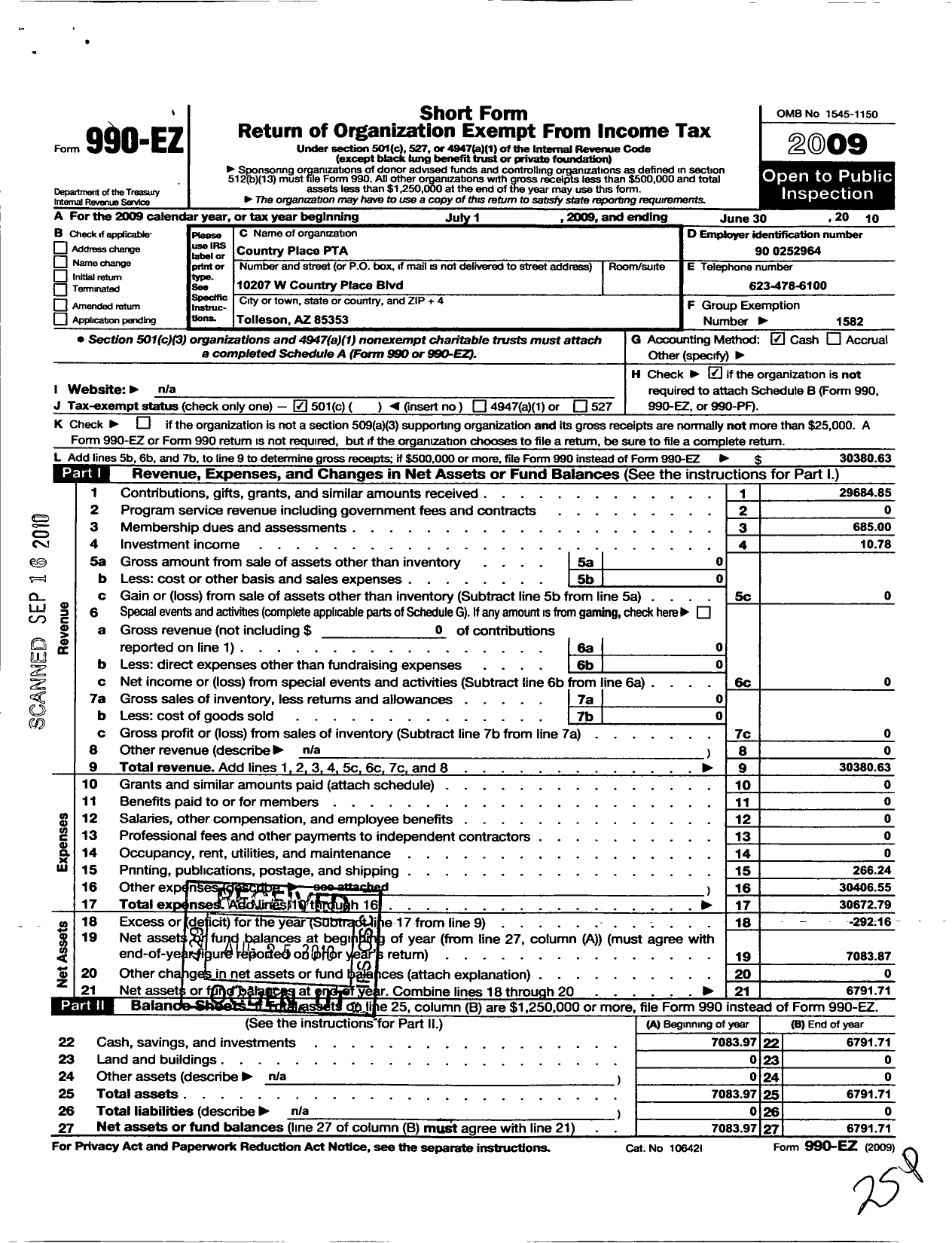 Image of first page of 2009 Form 990EO for PTA Arizona Congres of Parents and Teachers / Country Place PTA