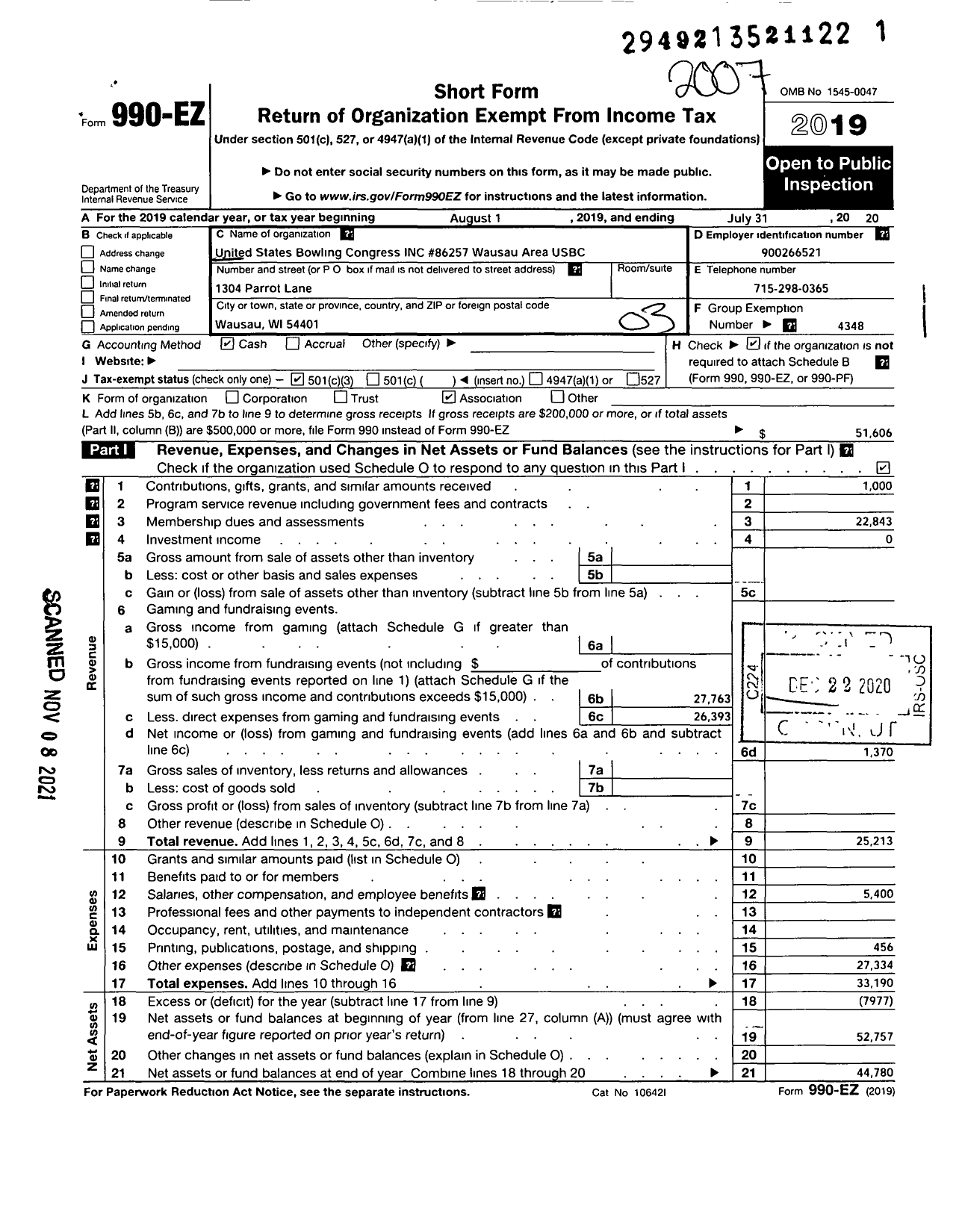 Image of first page of 2019 Form 990EZ for United States Bowling Congress - 86527 Wausau Area Usbc