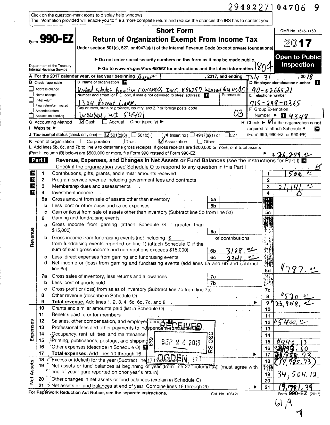 Image of first page of 2017 Form 990EZ for United States Bowling Congress - 86527 Wausau Area Usbc