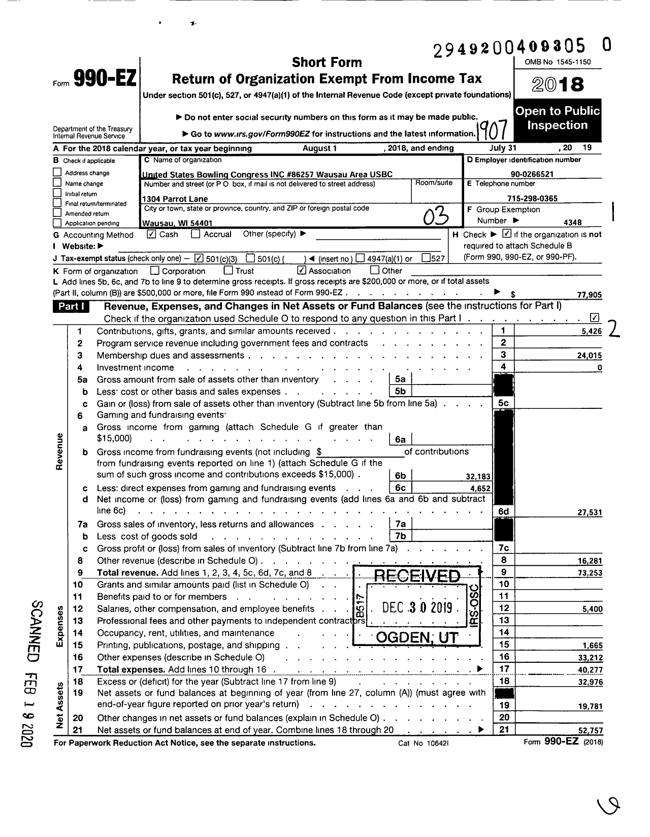 Image of first page of 2018 Form 990EZ for United States Bowling Congress - 86527 Wausau Area Usbc