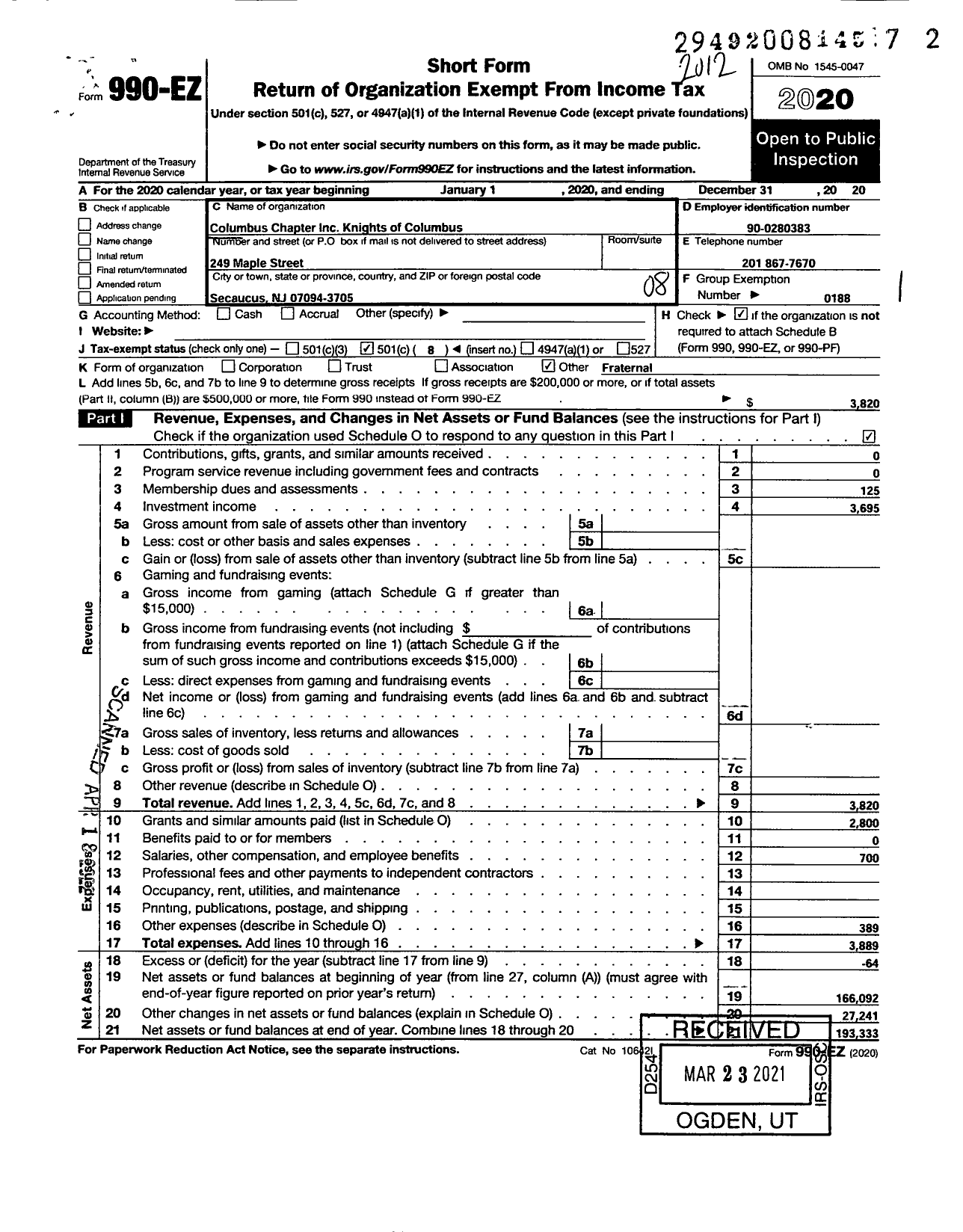 Image of first page of 2020 Form 990EO for Columbus Chapter Inc Knights of Columbus