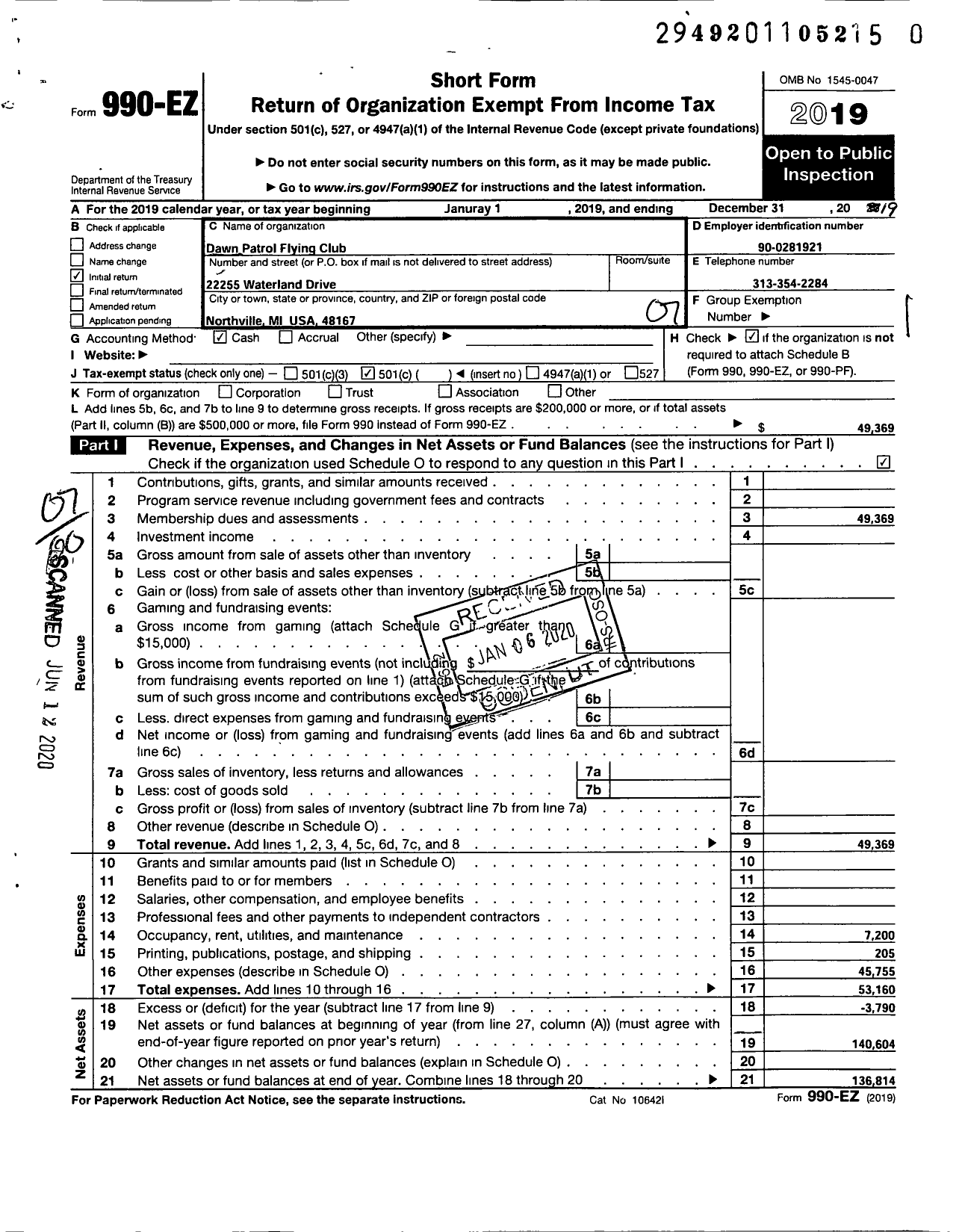 Image of first page of 2019 Form 990EO for Dawn Patrol Flying Club