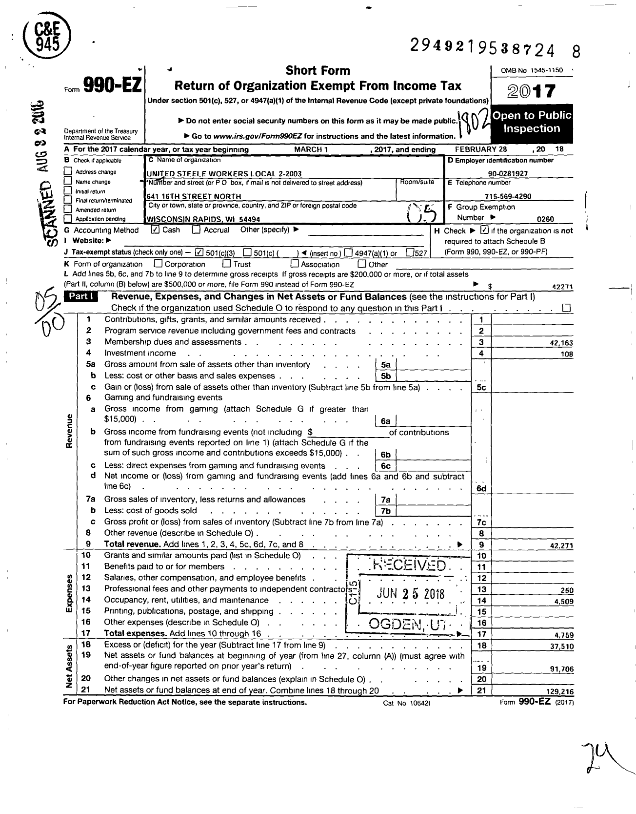 Image of first page of 2017 Form 990EZ for United Steelworkers - 2-02003 Local