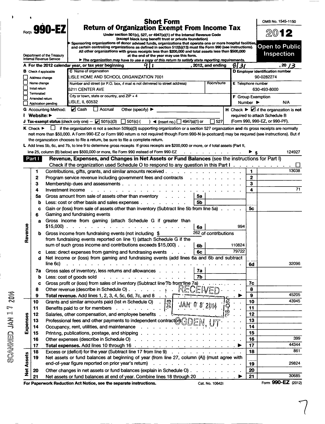 Image of first page of 2012 Form 990EZ for Lisle Home and School Organization 7001