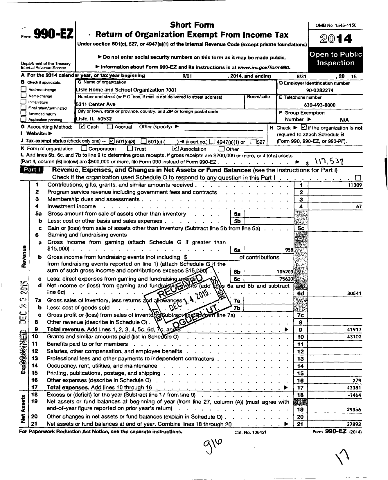 Image of first page of 2014 Form 990EZ for Lisle Home and School Organization 7001