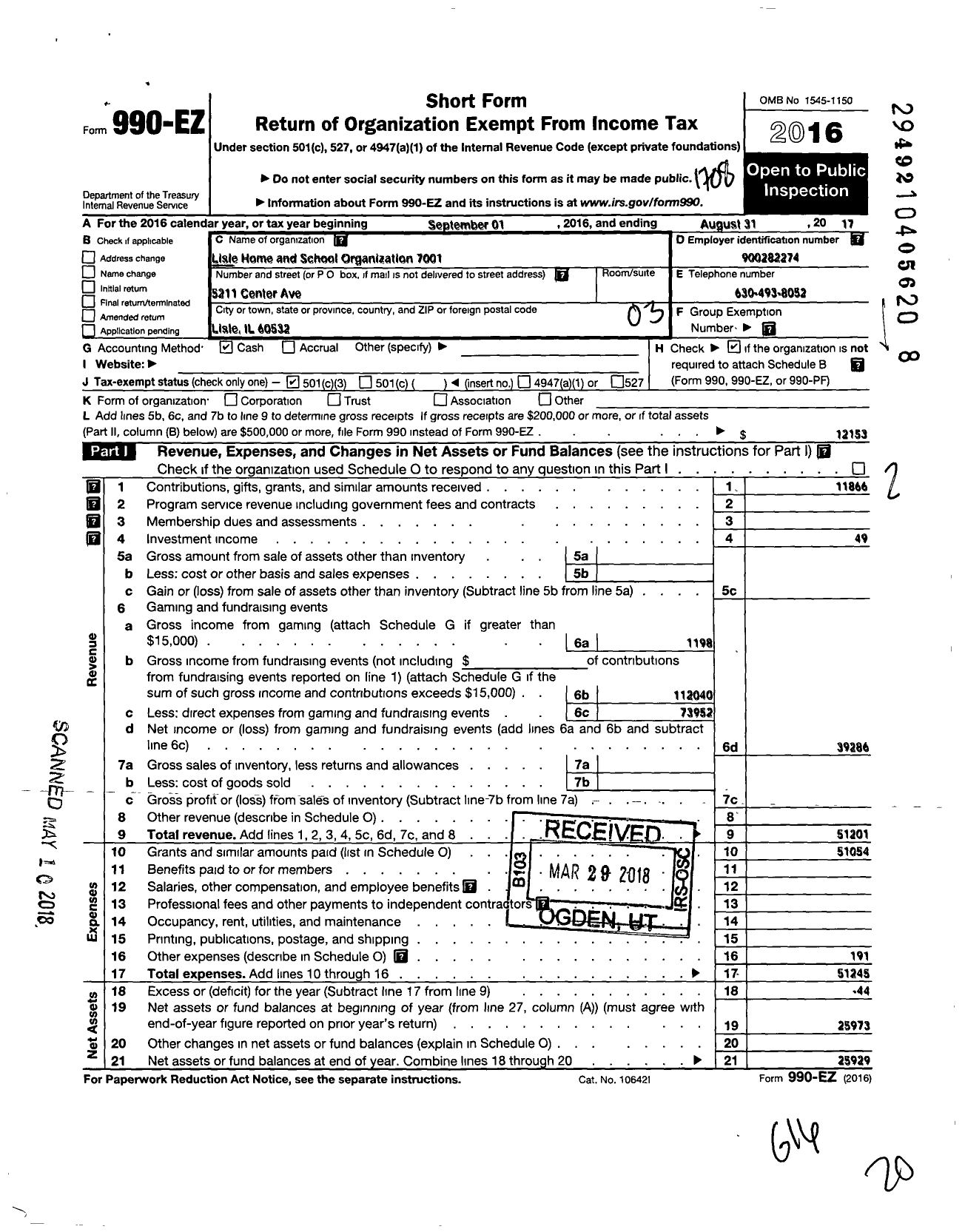 Image of first page of 2016 Form 990EZ for Lisle Home and School Organization 7001