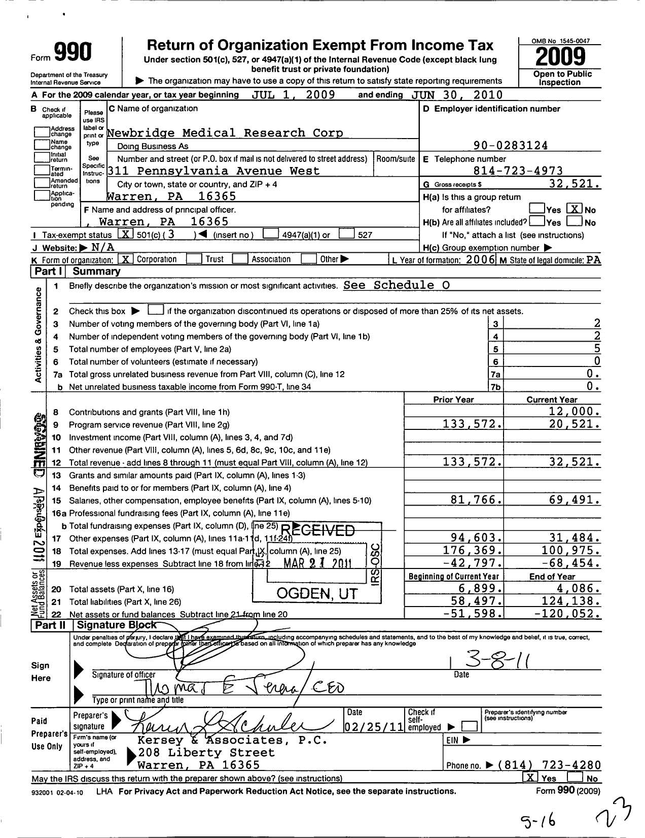 Image of first page of 2009 Form 990 for Newbridge Medical Research Corporation