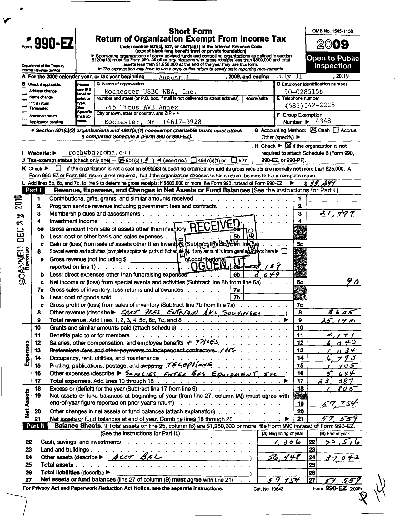 Image of first page of 2008 Form 990EZ for United States Bowling Congress - 86496 Rochester Usbc