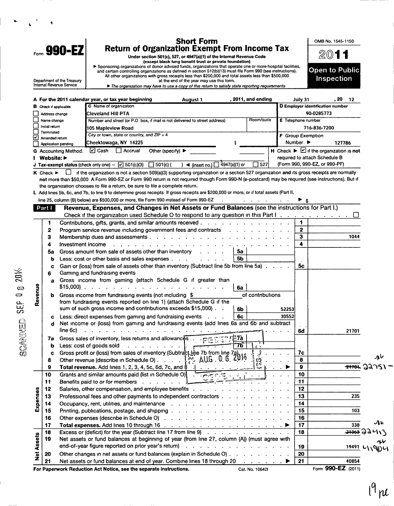 Image of first page of 2011 Form 990EZ for New York State PTA - 19-144 Cleveland Hill PTA