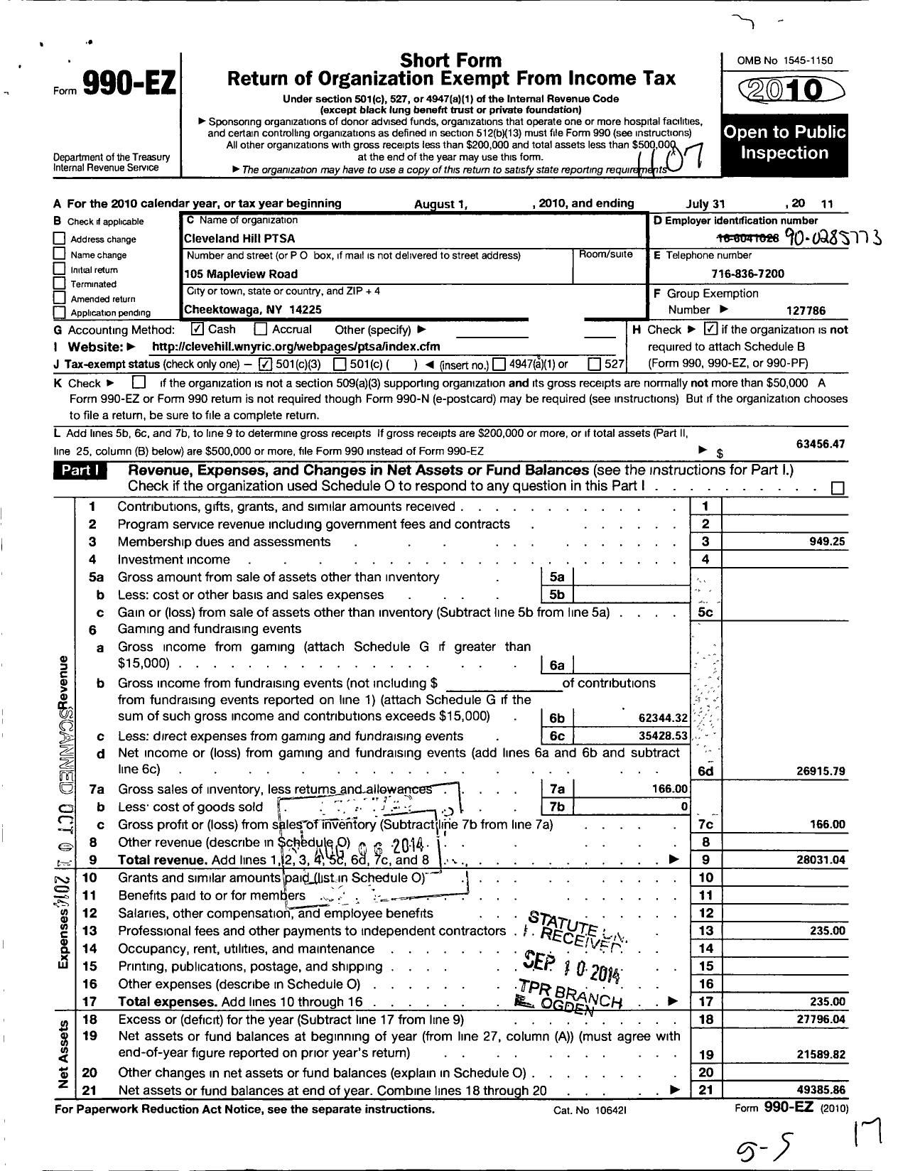 Image of first page of 2010 Form 990EZ for New York State PTA - 19-144 Cleveland Hill PTA