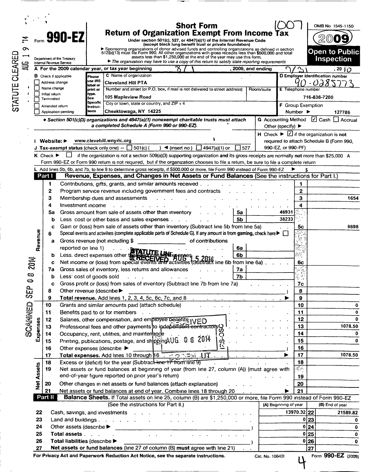 Image of first page of 2009 Form 990EO for New York State PTA - 19-144 Cleveland Hill PTA