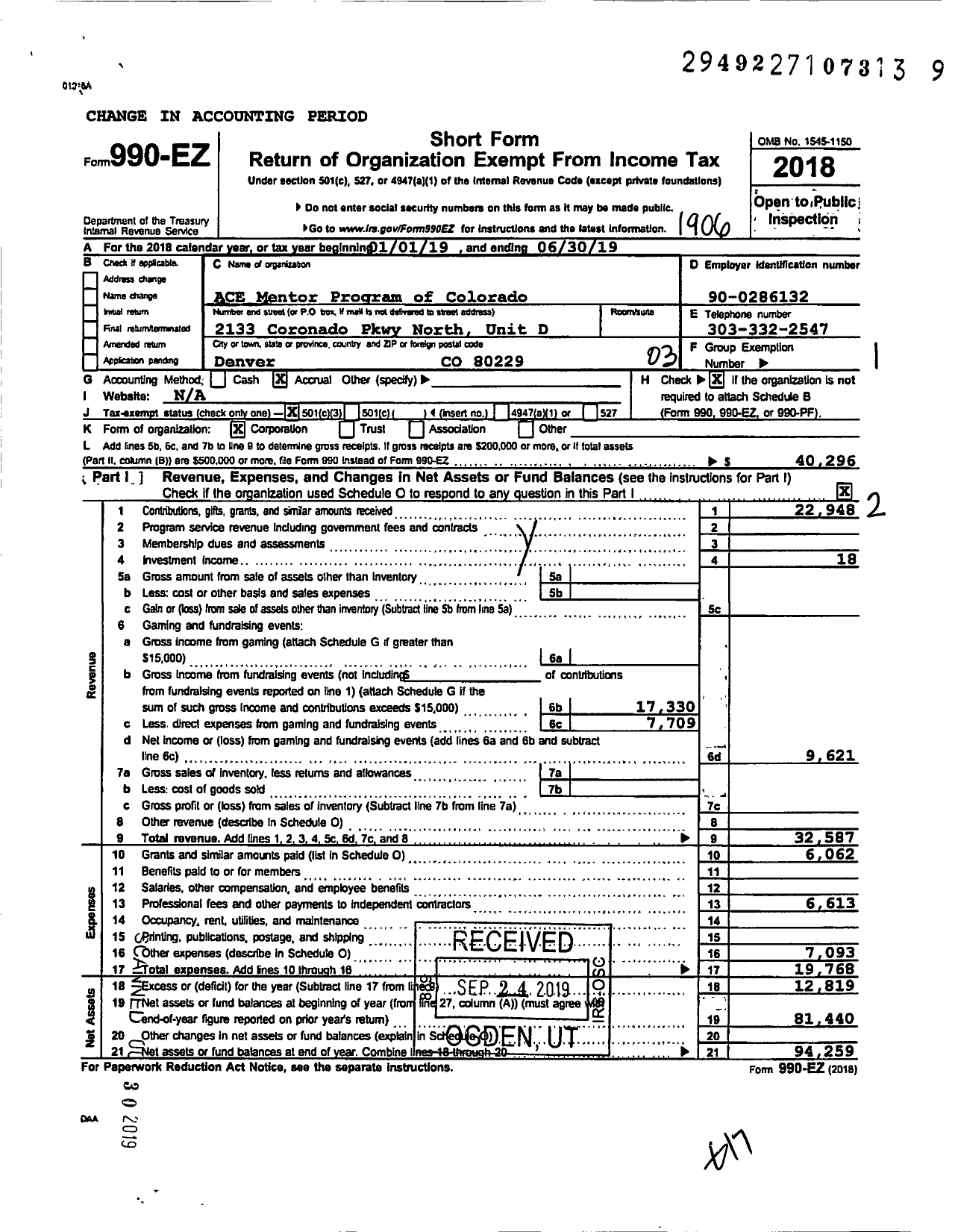 Image of first page of 2018 Form 990EZ for Ace Mentor Program of Colorado