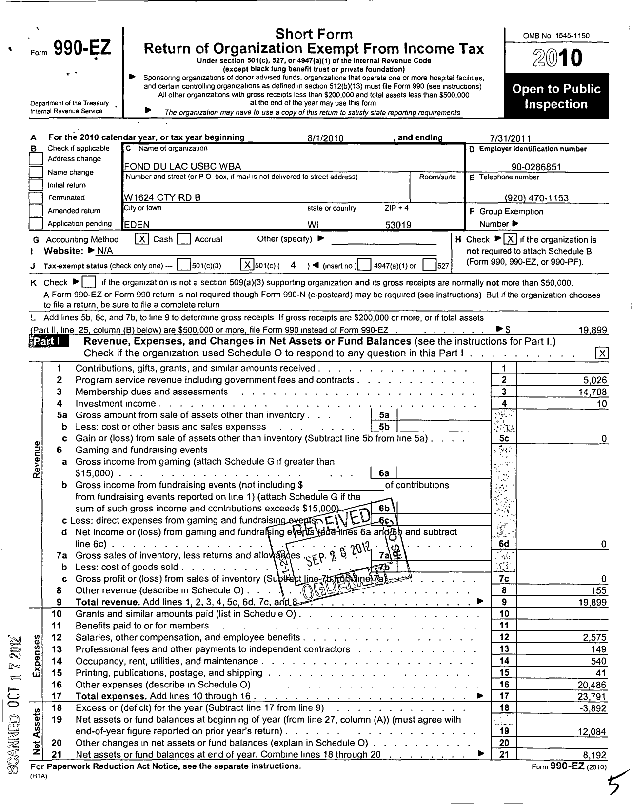 Image of first page of 2010 Form 990EO for United States Bowling Congress - 86688 Fond Du Lac Usbc