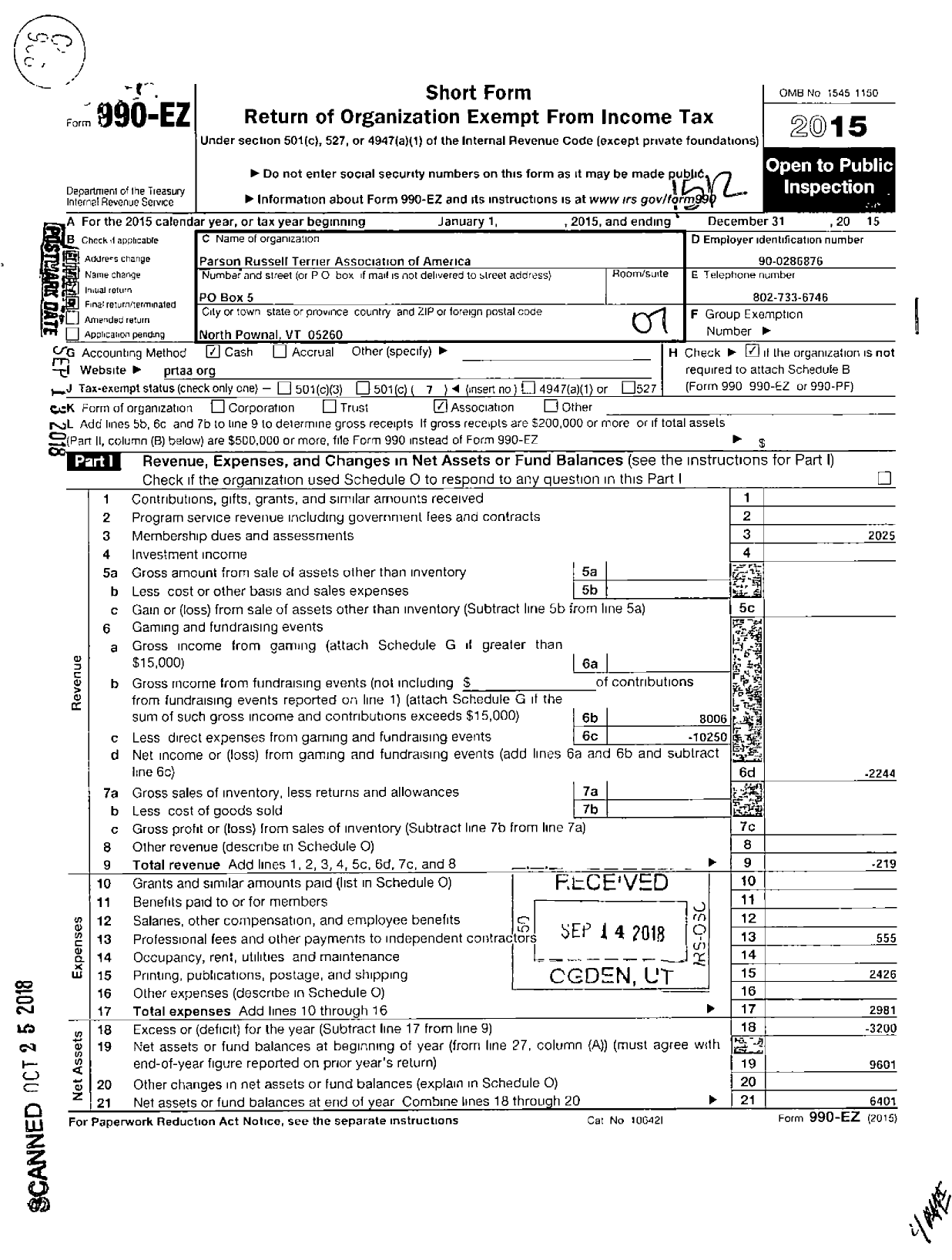 Image of first page of 2015 Form 990EO for Parson Russell Terrier Association of America