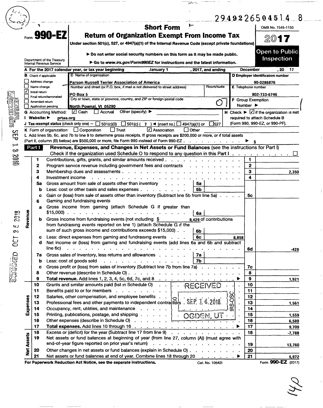 Image of first page of 2017 Form 990EO for Parson Russell Terrier Association of America