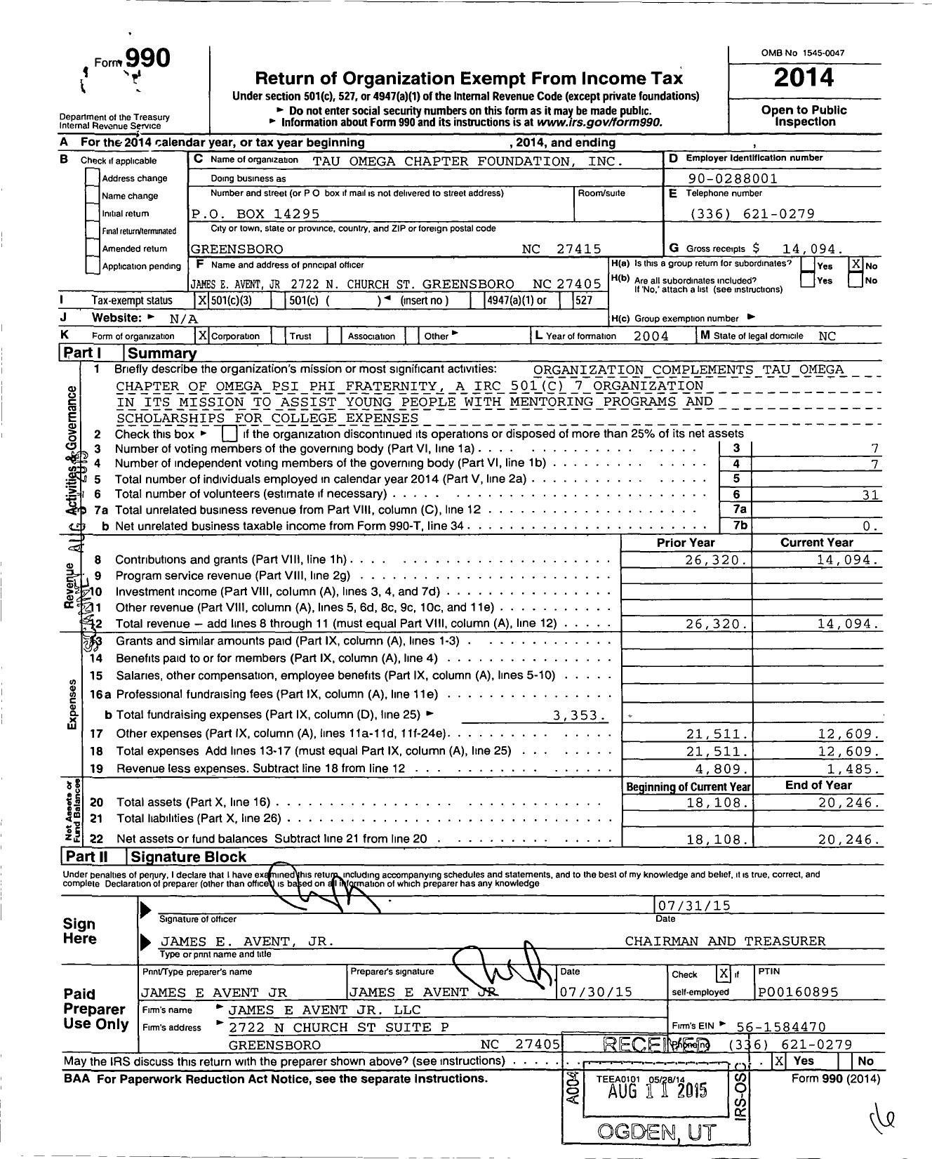 Image of first page of 2014 Form 990 for Tau Omega Chapter Foundation