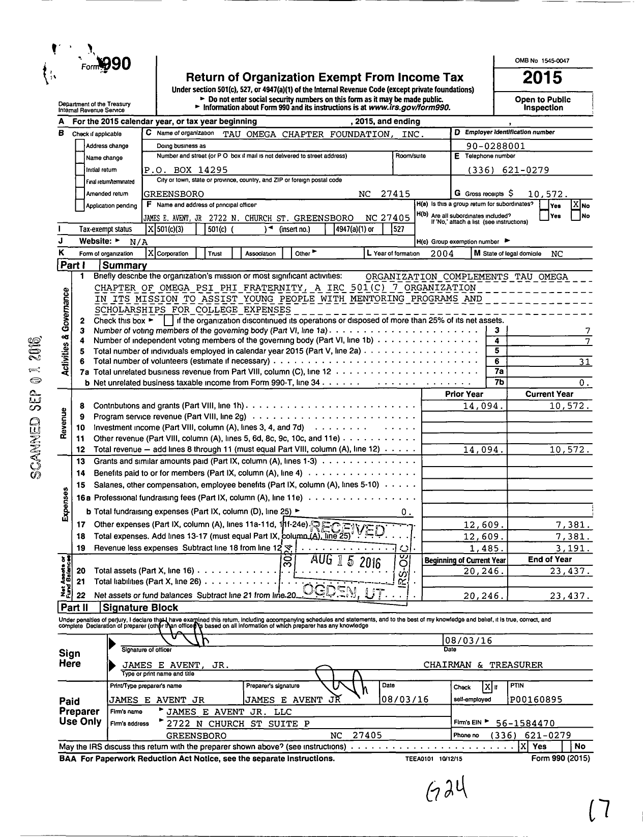 Image of first page of 2015 Form 990 for Tau Omega Chapter Foundation