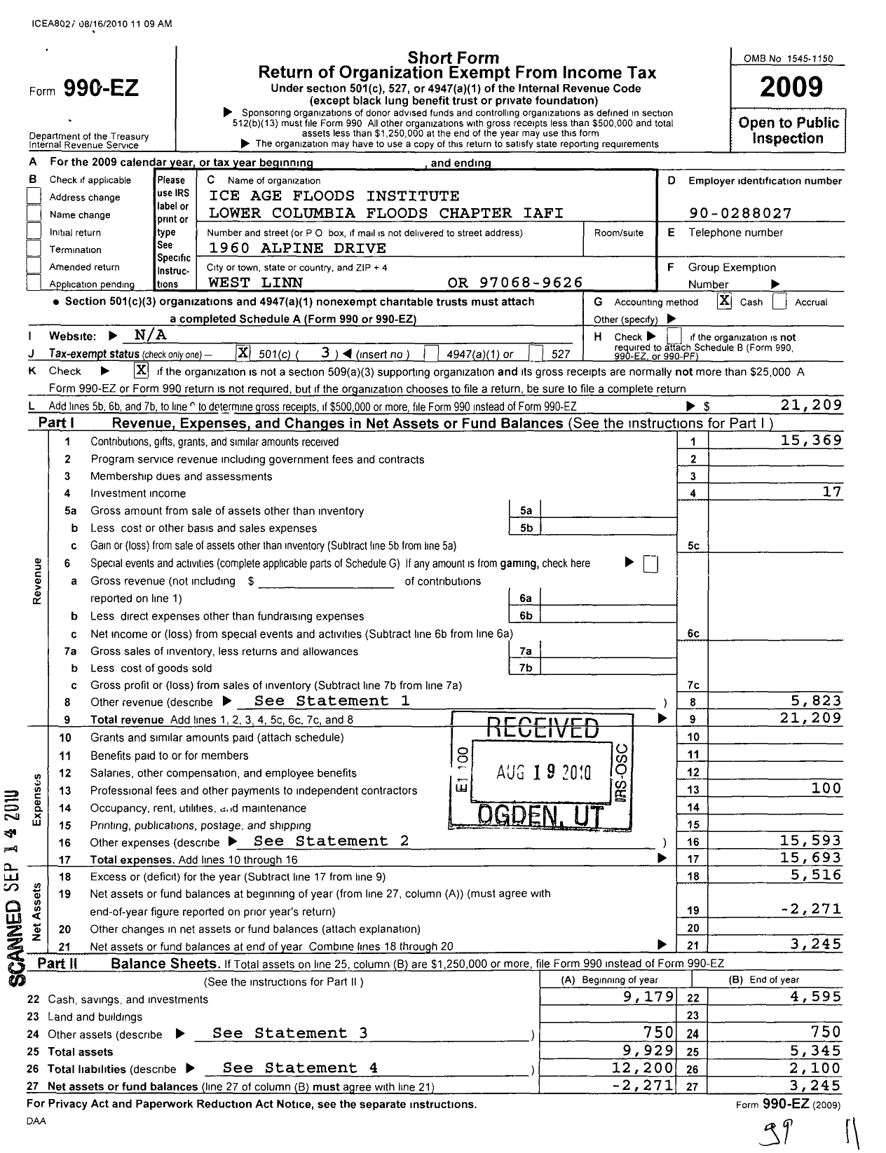 Image of first page of 2009 Form 990EZ for Ice Age Floods Institute / Lower Columbia Floods Chapter Iafi