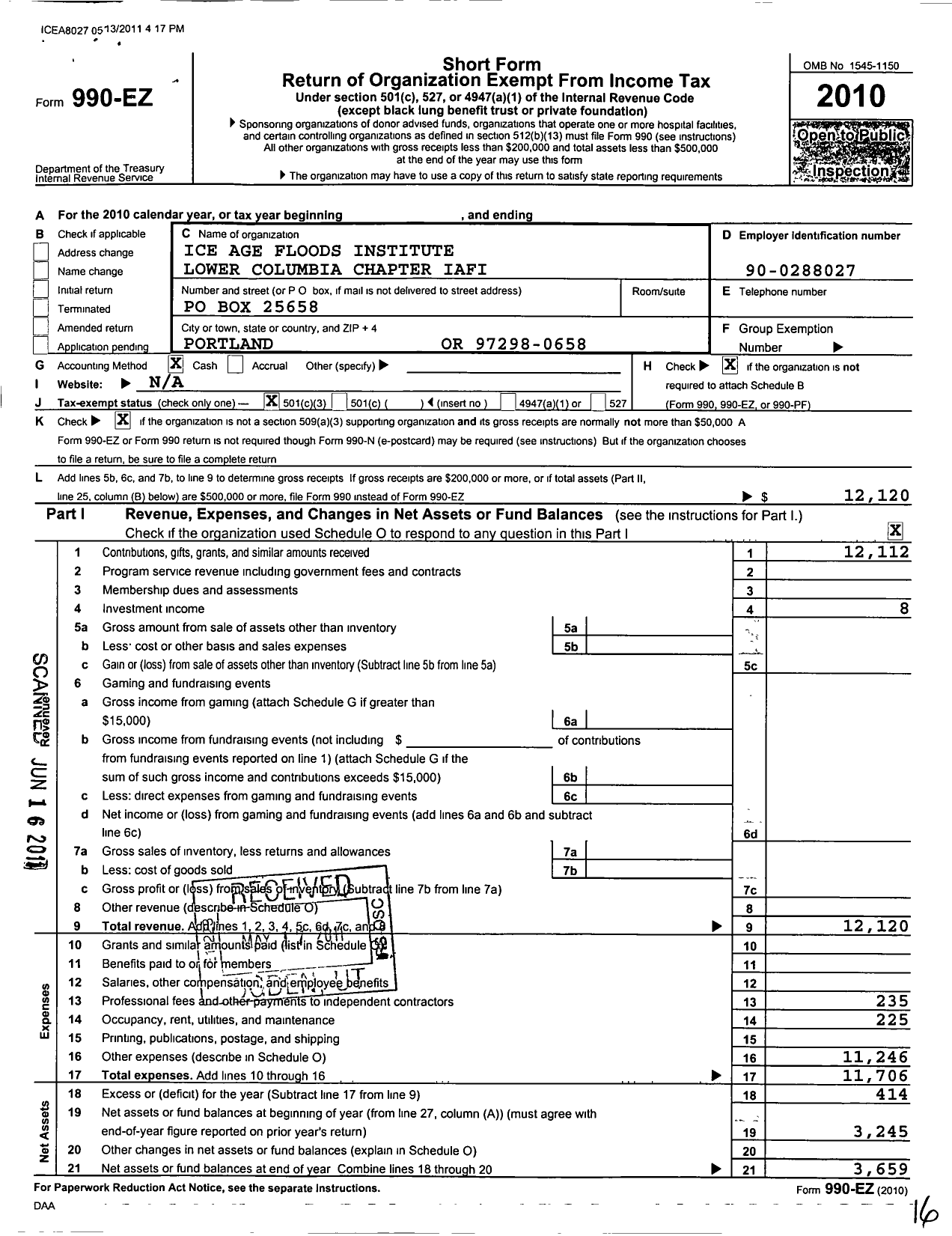 Image of first page of 2010 Form 990EZ for Ice Age Floods Institute / Lower Columbia Floods Chapter Iafi