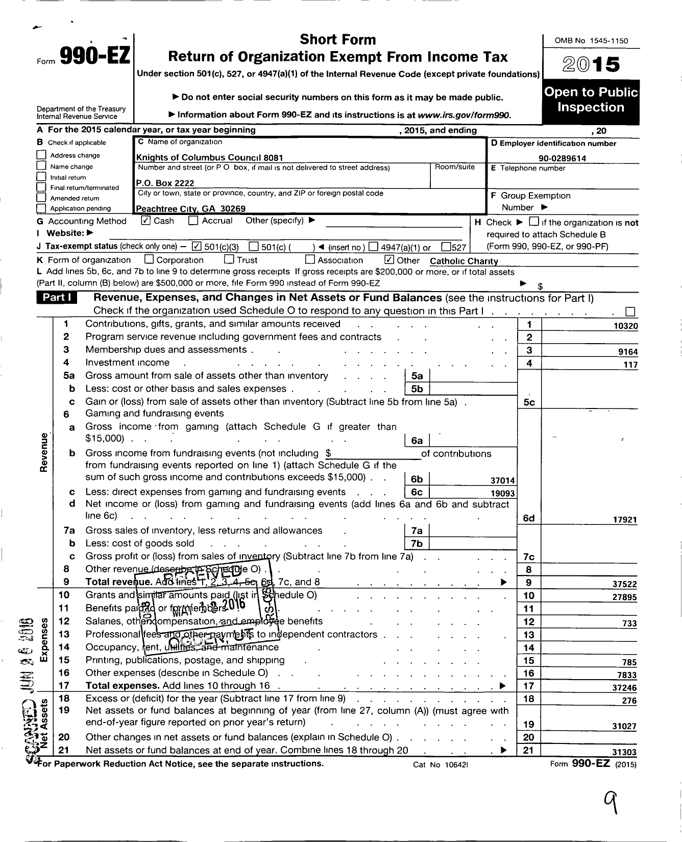 Image of first page of 2015 Form 990EZ for Knights of Columbus - 8081 Holy Trinity Council