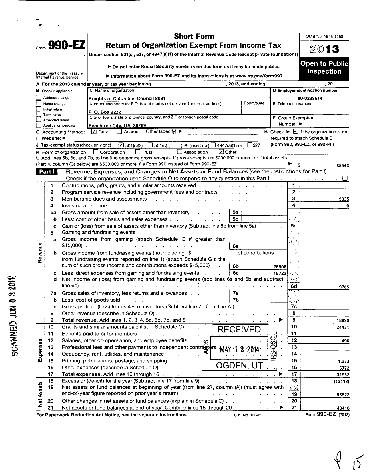 Image of first page of 2013 Form 990EZ for Knights of Columbus - 8081 Holy Trinity Council