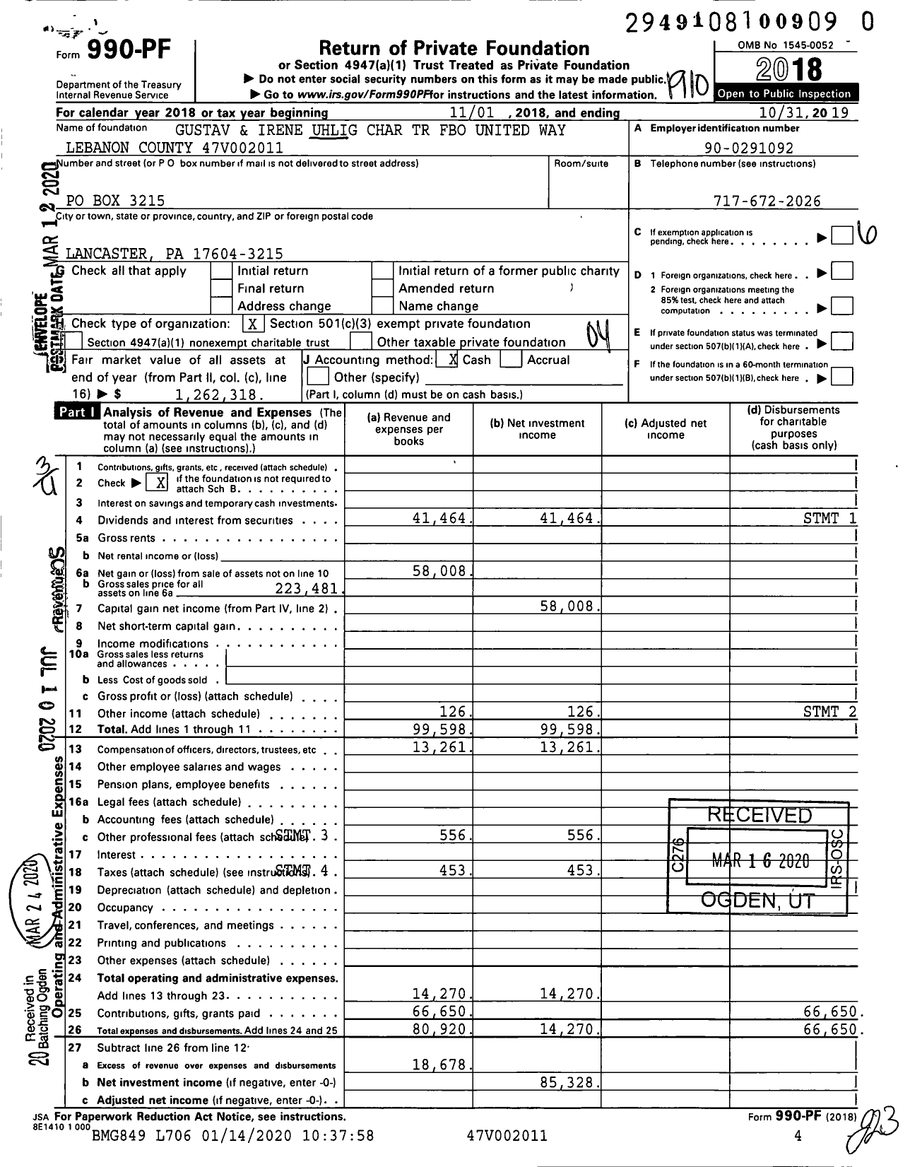 Image of first page of 2018 Form 990PR for Gustav and Irene Uhlig Charitable Trust Fbo United Way