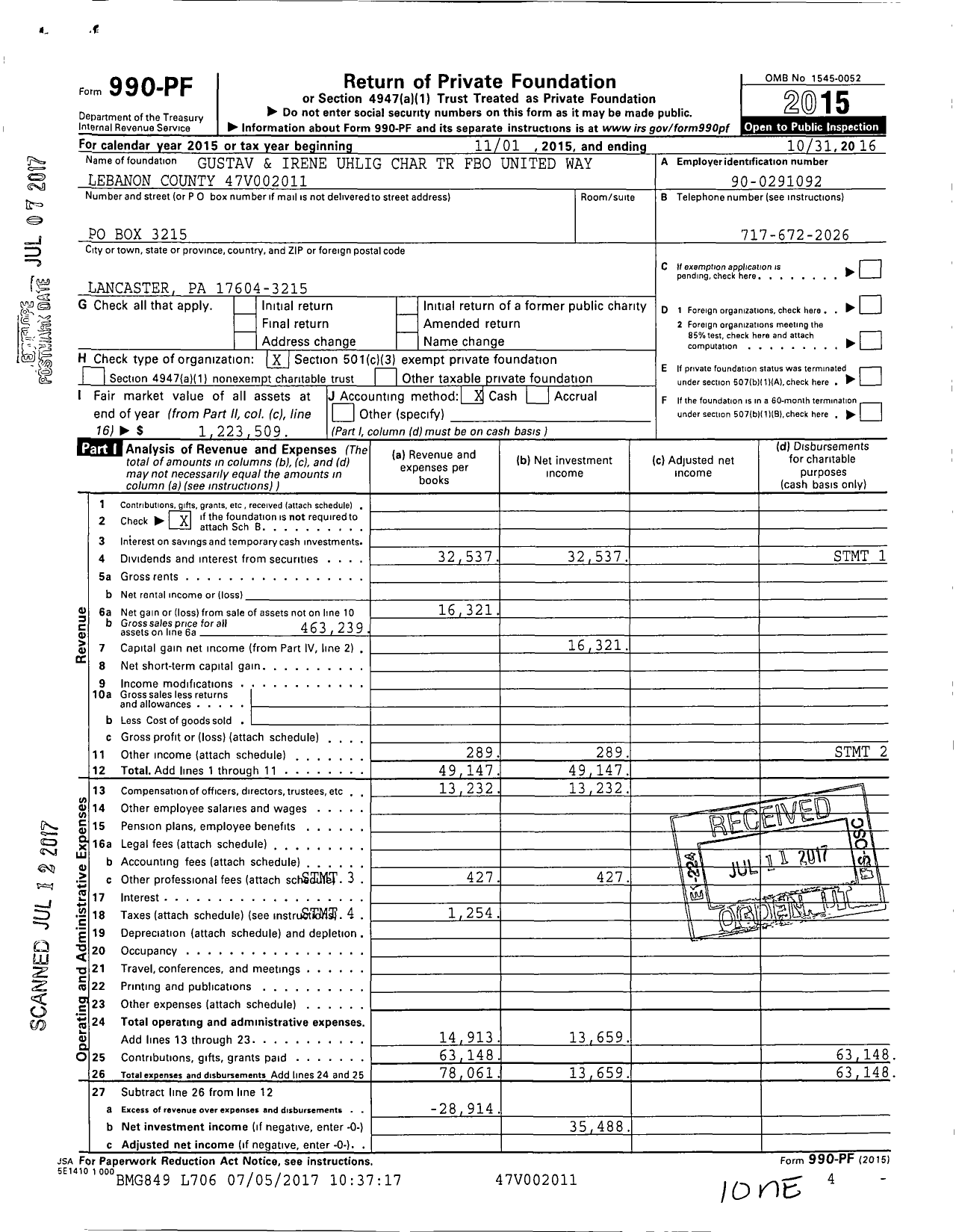 Image of first page of 2015 Form 990PF for Gustav and Irene Uhlig Charitable Trust Fbo United Way