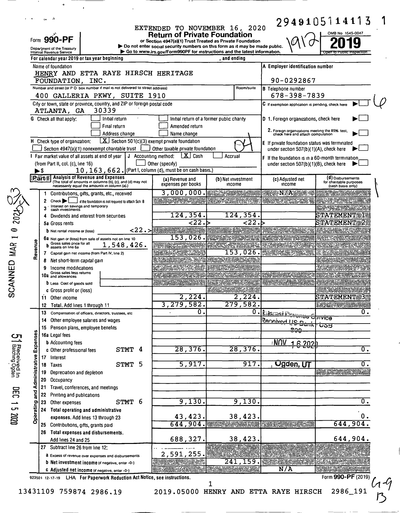 Image of first page of 2019 Form 990PF for Henry and Etta Raye Hirsch Heritage Foundation