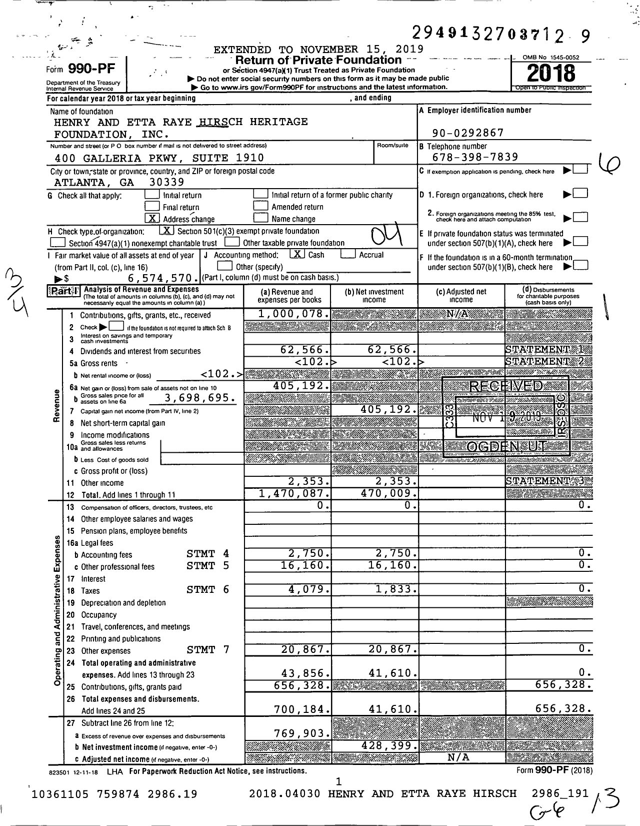 Image of first page of 2018 Form 990PF for Henry and Etta Raye Hirsch Heritage Foundation