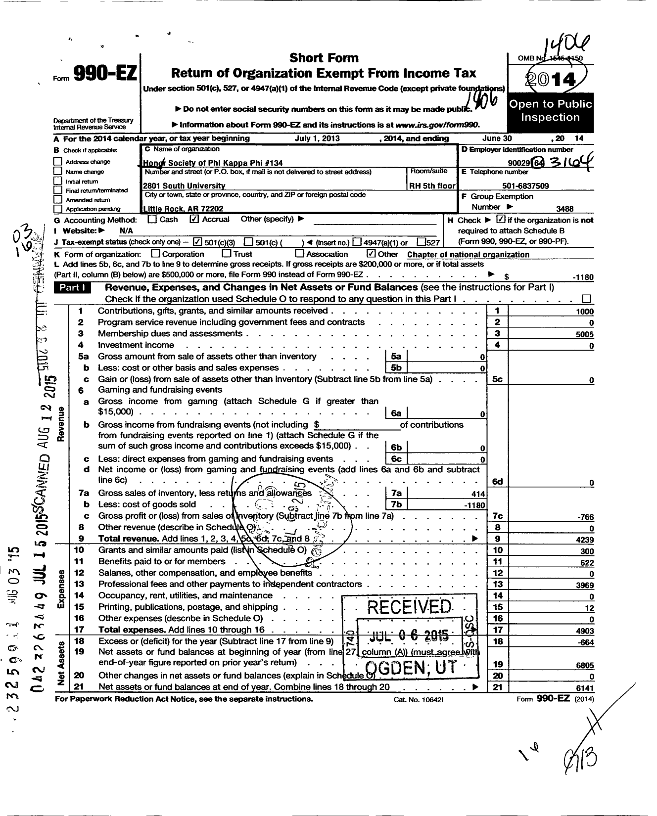 Image of first page of 2013 Form 990EZ for Honor Society of Phi Kappa Phi / Univ of Arkansas at Little Rock