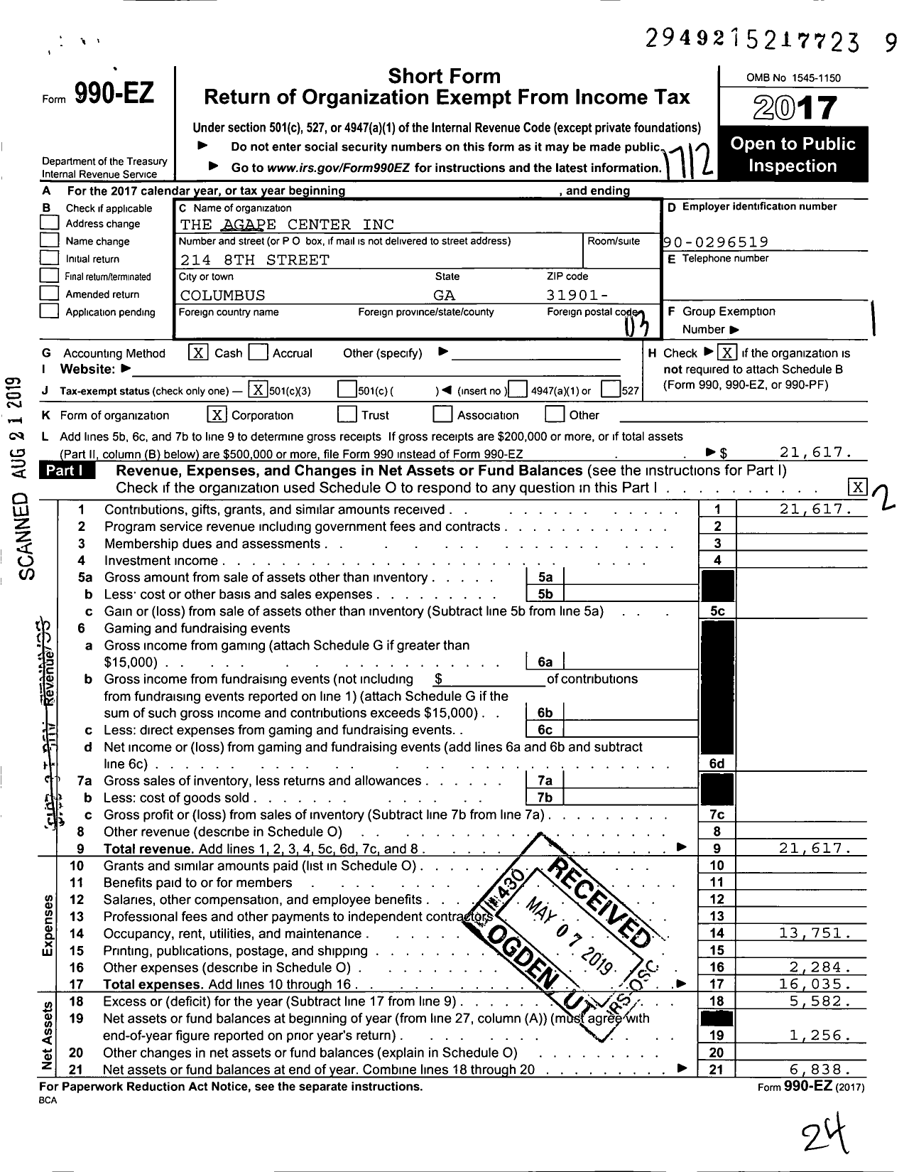 Image of first page of 2017 Form 990EZ for The Agape Center