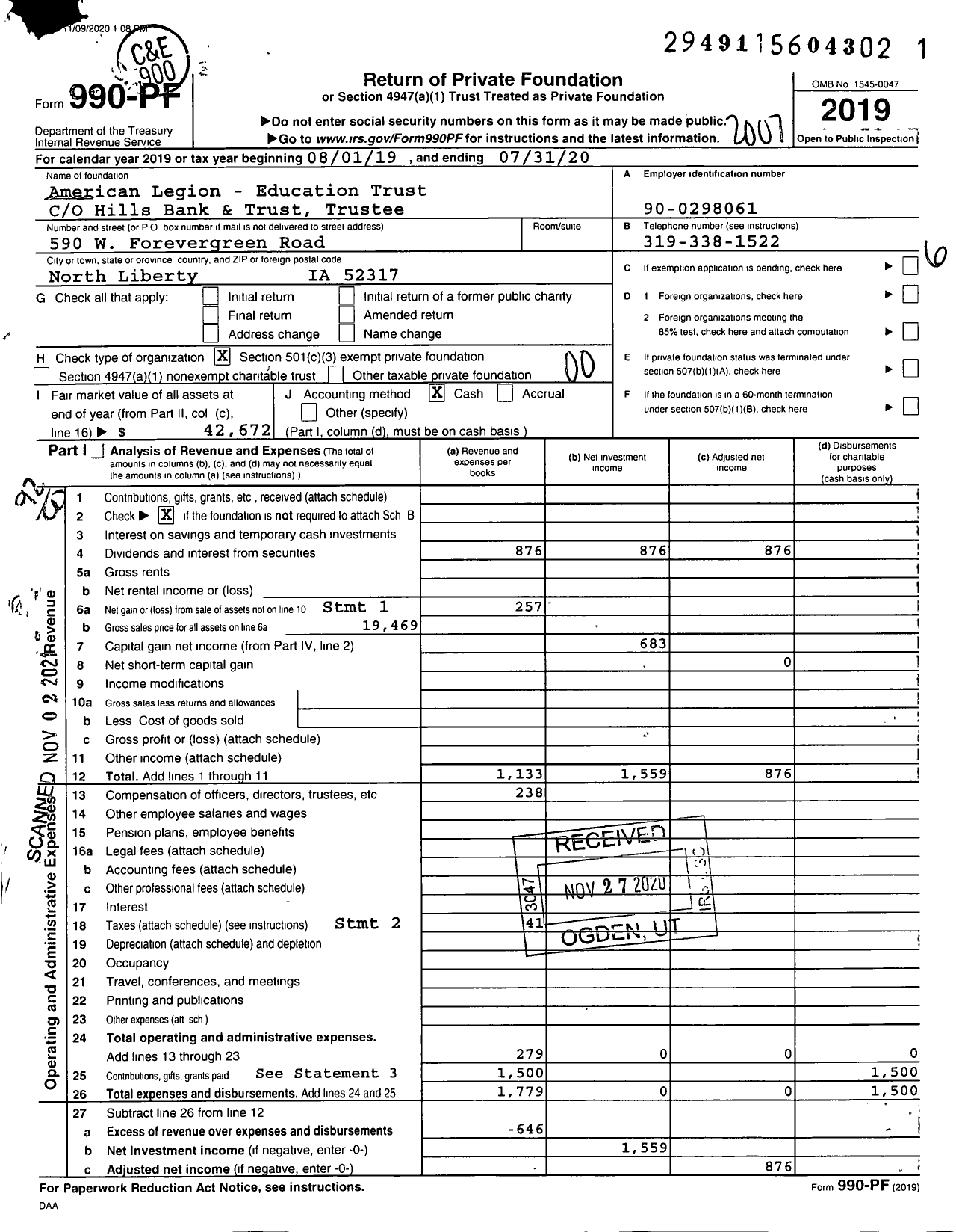 Image of first page of 2019 Form 990PF for American Legion Post No 298 Educational Trust