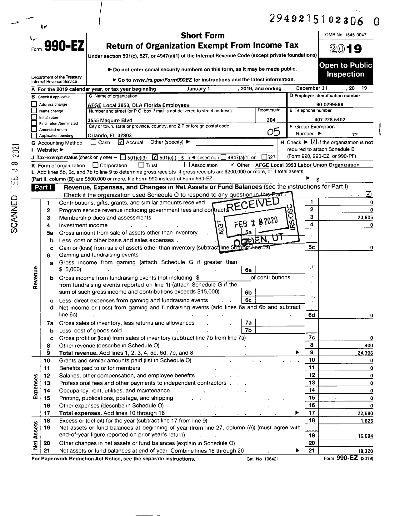 Image of first page of 2019 Form 990EO for AMERICAN FEDERATION OF GOVERNMENT EMPLOYEES - 3953 AFGE Local