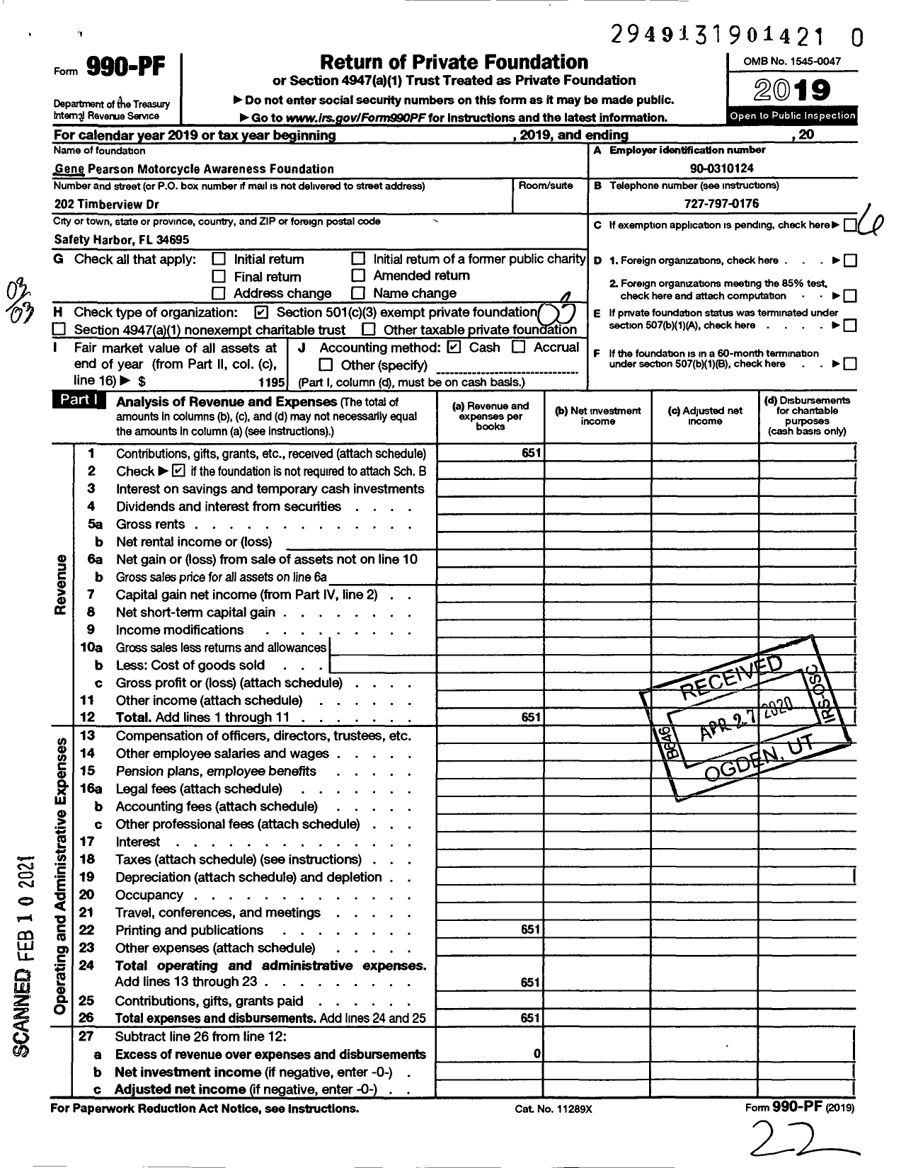 Image of first page of 2019 Form 990PF for Gene Pearson Motorcycle Awareness Foundation