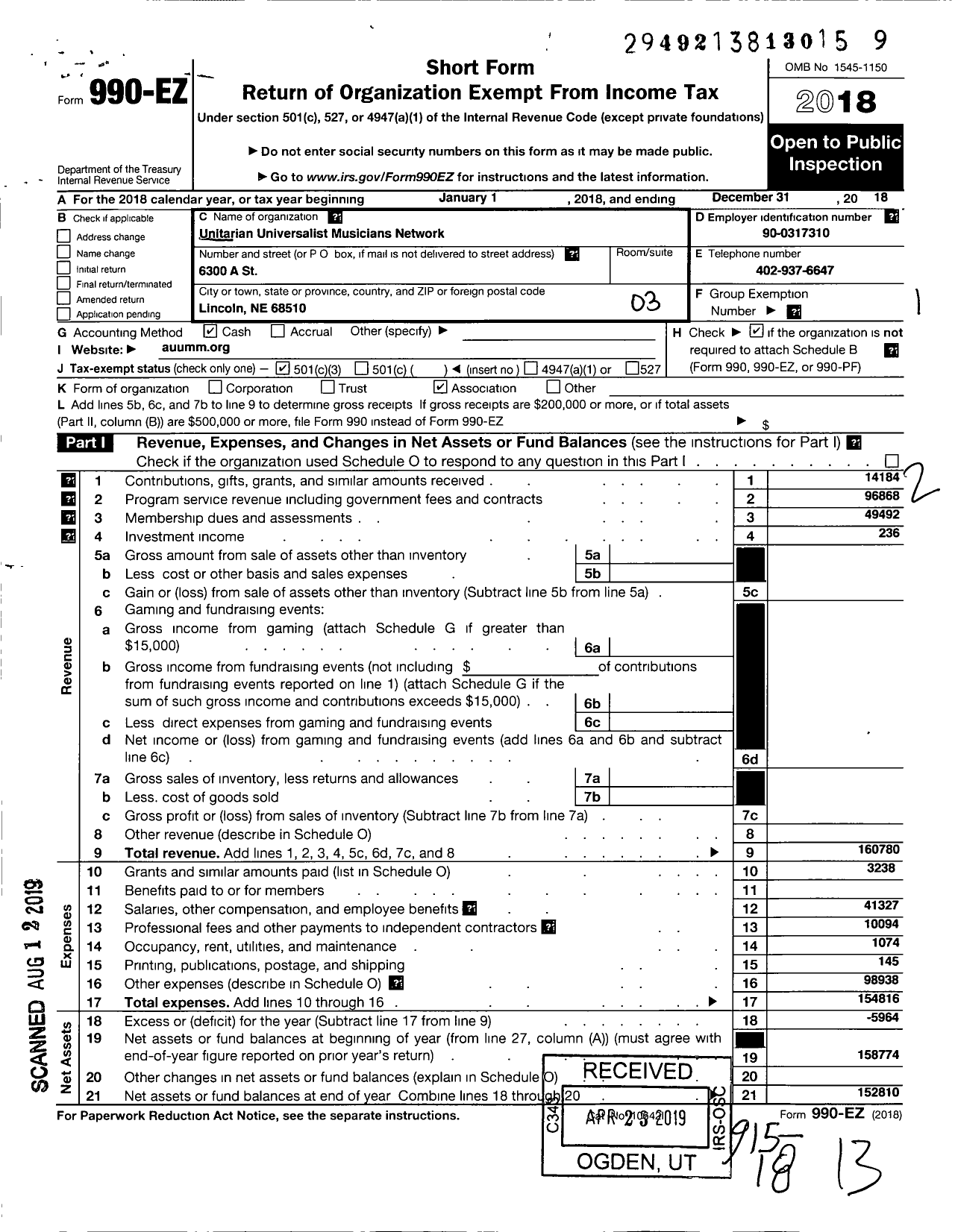 Image of first page of 2018 Form 990EZ for Unitarian Universalist Musicians Network