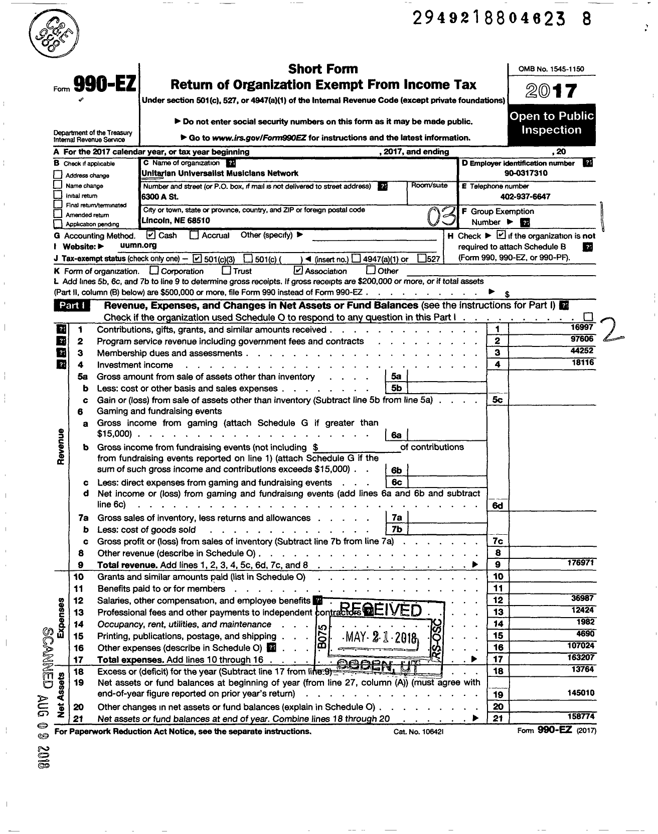 Image of first page of 2017 Form 990EZ for Unitarian Universalist Musicians Network