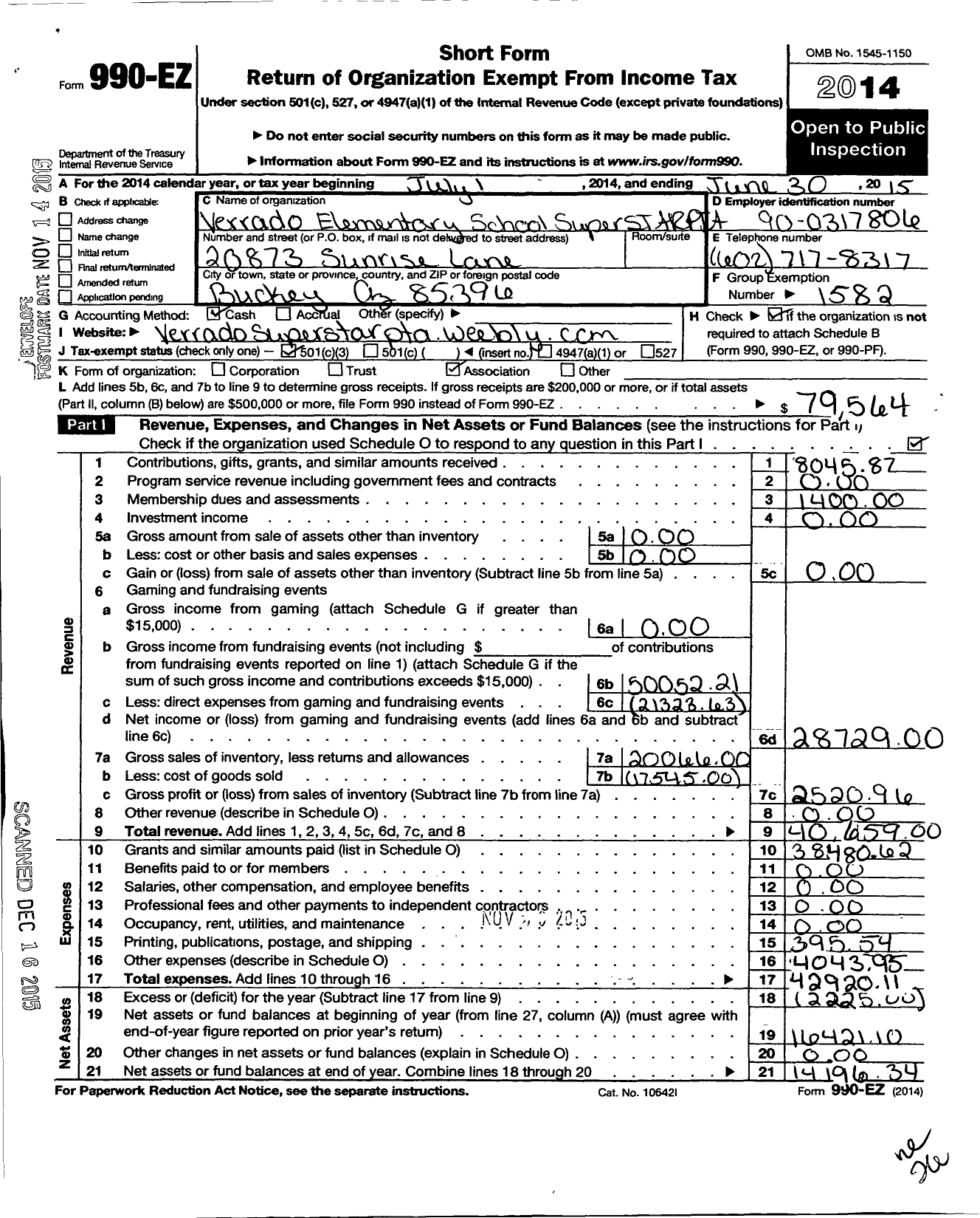 Image of first page of 2014 Form 990EZ for PTA Arizona Congress of Parents and Teachers / Verrado Superstar PTA