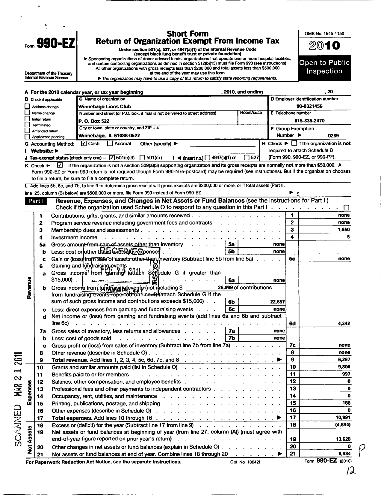 Image of first page of 2010 Form 990EZ for Lions Clubs - 283 Winnebago