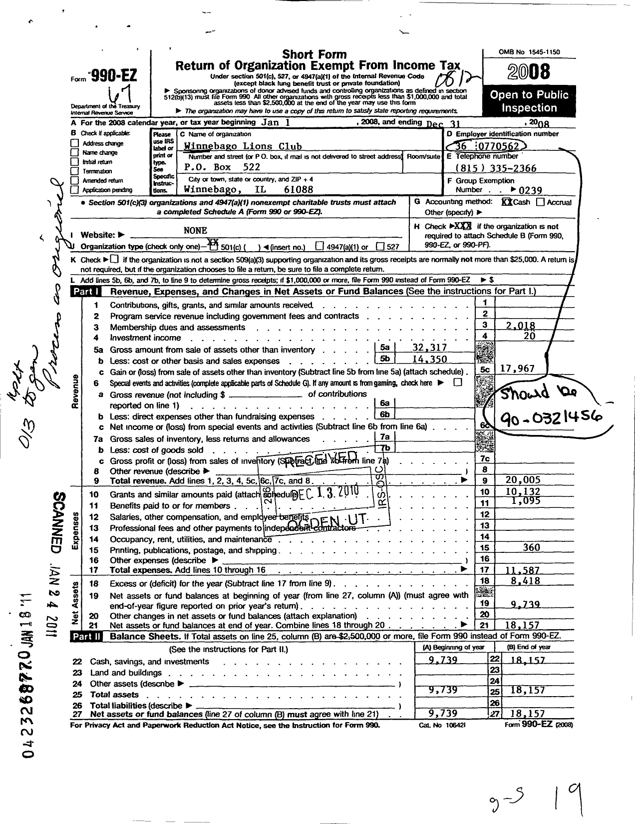 Image of first page of 2008 Form 990EO for Lions Clubs - 283 Winnebago