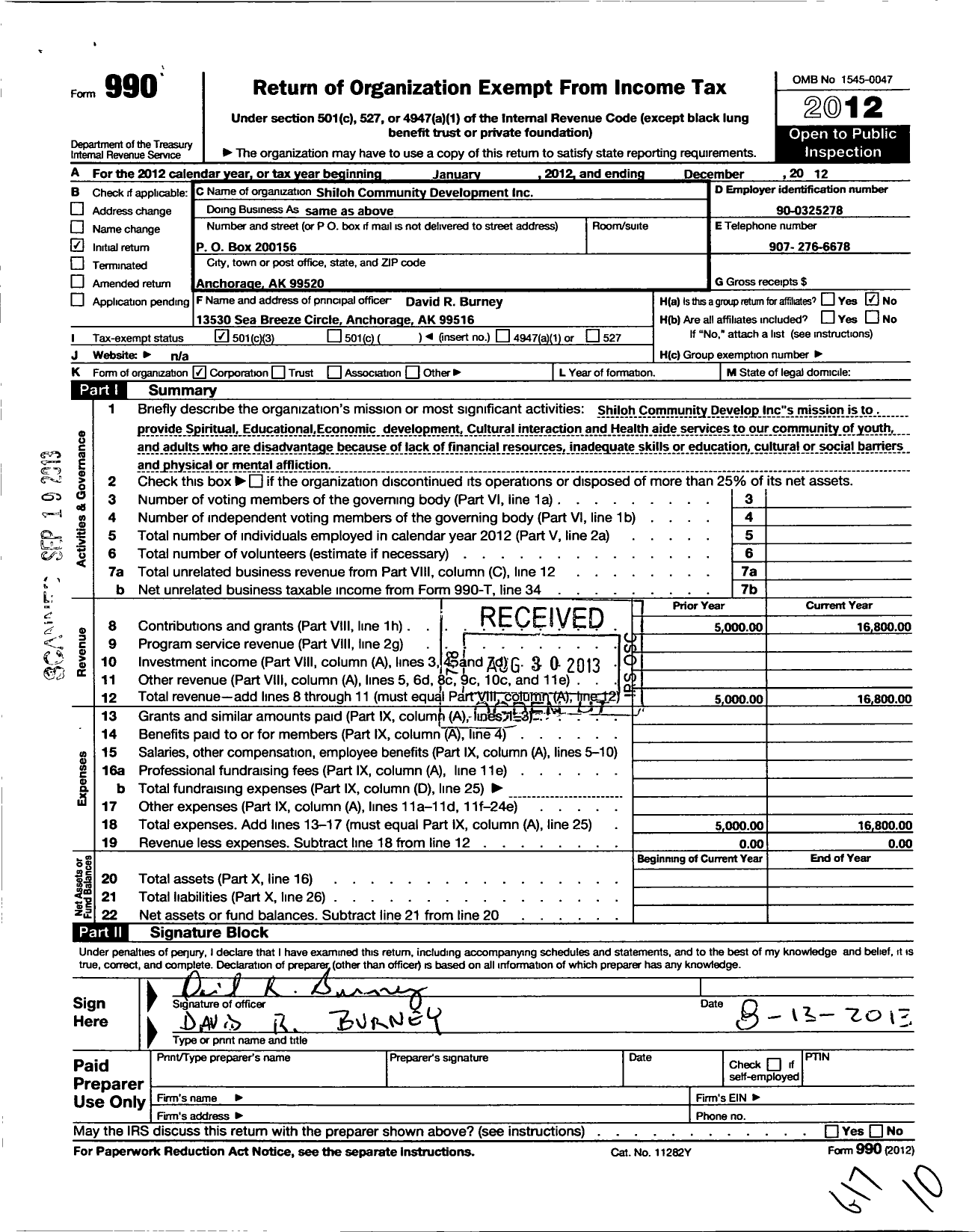 Image of first page of 2012 Form 990 for Shiloh Community Development