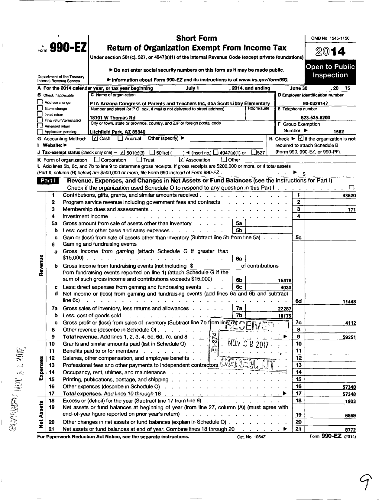 Image of first page of 2014 Form 990EZ for PTA CONGRESs OF PARENTS and TEACHERS / Scott Libby PTA