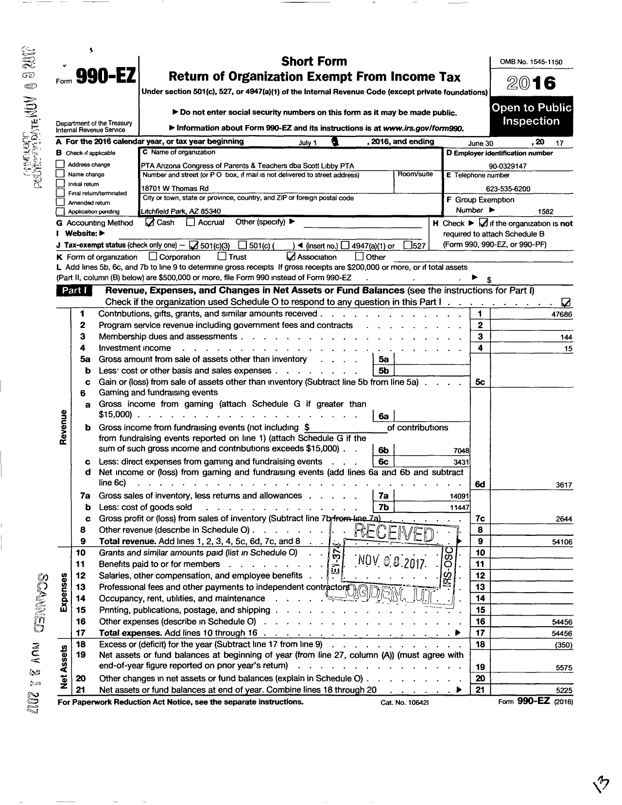 Image of first page of 2016 Form 990EZ for PTA CONGRESs OF PARENTS and TEACHERS / Scott Libby PTA