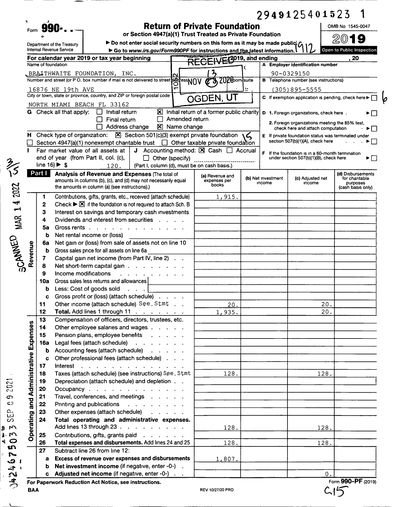 Image of first page of 2019 Form 990PF for Braithwaite Foundation