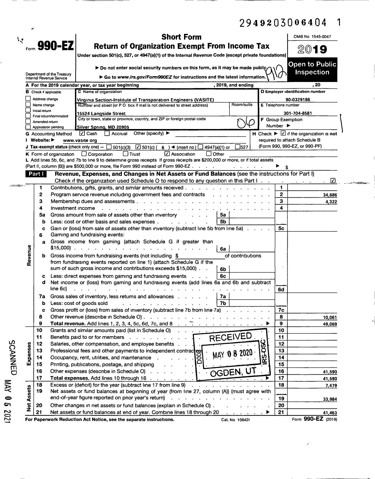 Image of first page of 2019 Form 990EO for Virginia Section-Institute of Transportation Engineers