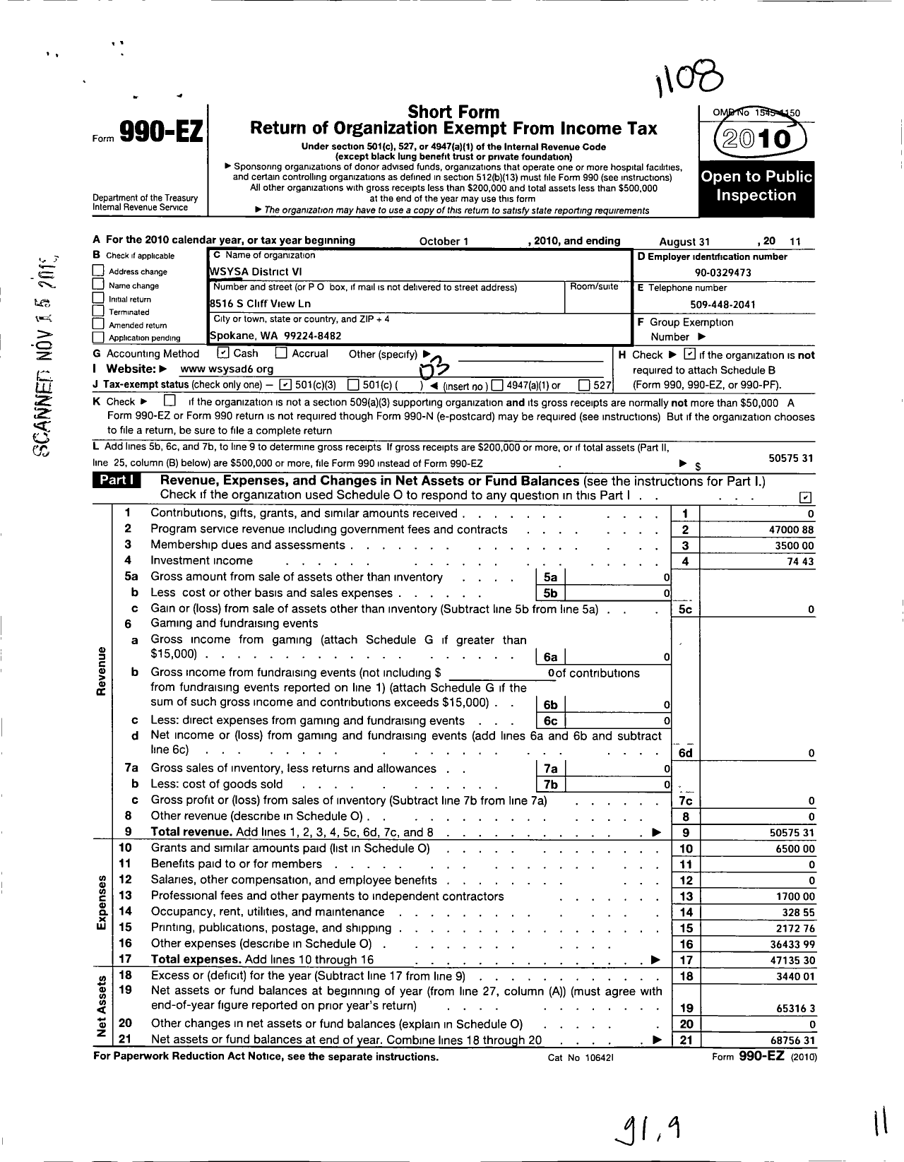 Image of first page of 2010 Form 990EZ for Wsysa District Vi