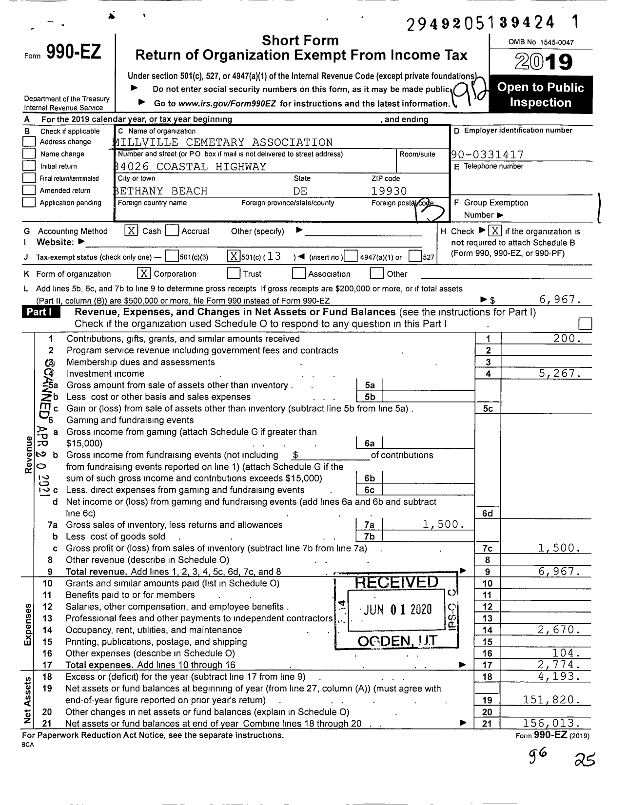 Image of first page of 2019 Form 990EO for Millville Cemetary Association