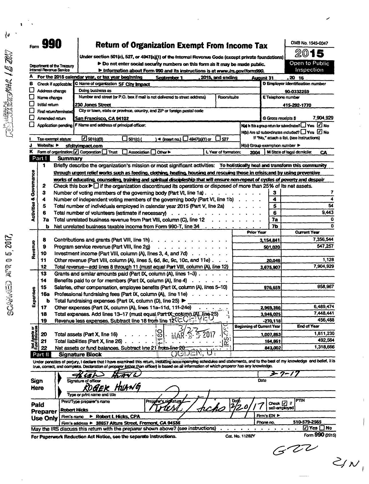 Image of first page of 2015 Form 990 for San Francisco City Impact