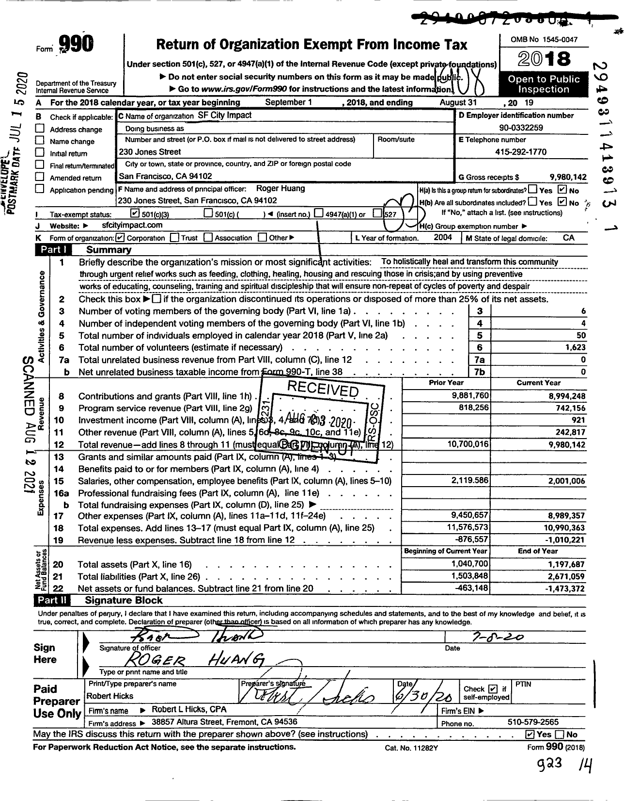 Image of first page of 2018 Form 990 for San Francisco City Impact