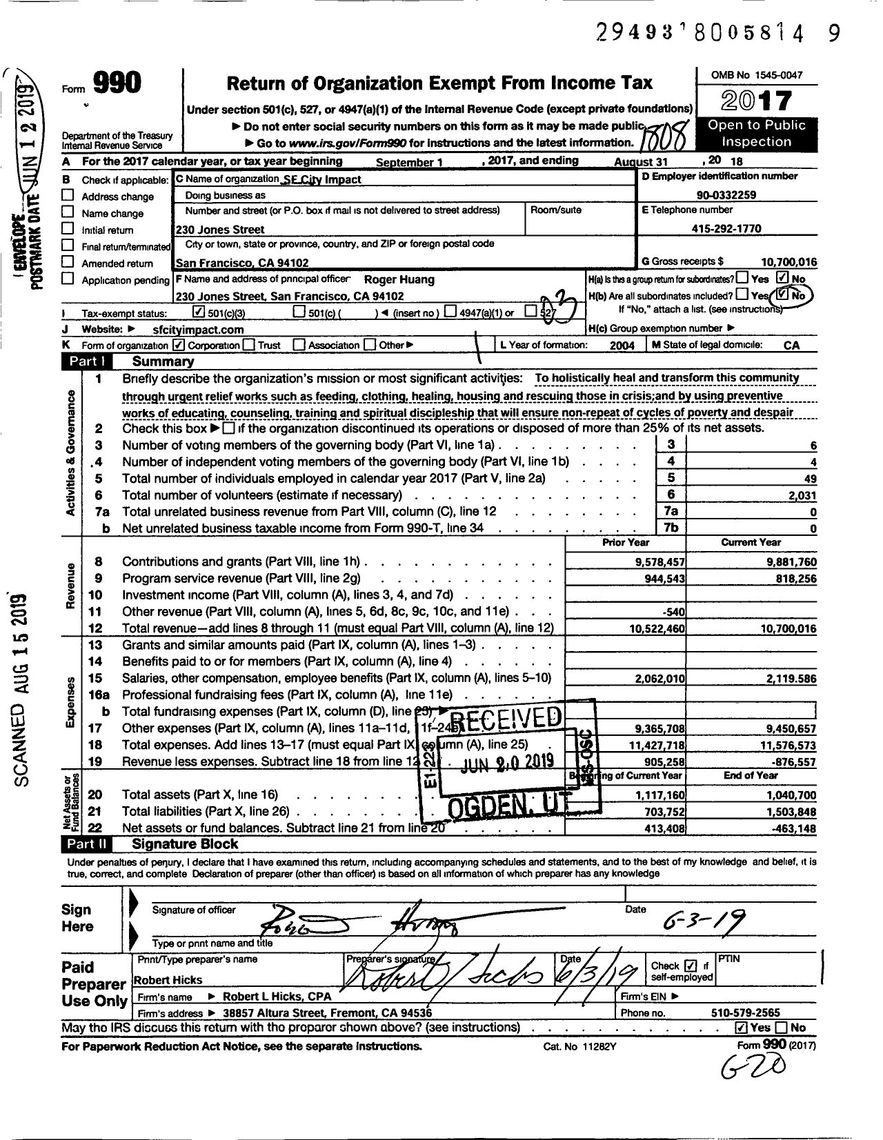 Image of first page of 2017 Form 990 for San Francisco City Impact