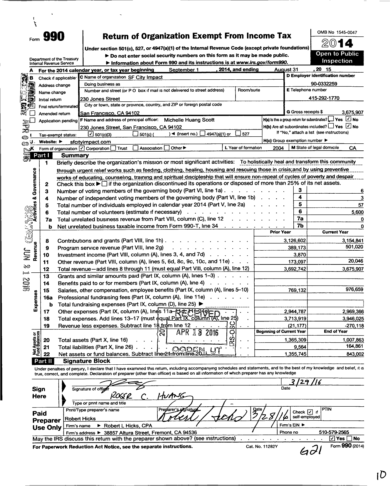 Image of first page of 2014 Form 990 for San Francisco City Impact